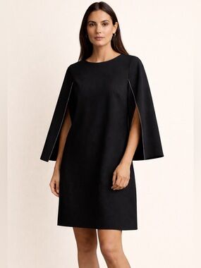 DKNY | Black Cape Sleeve Shift Dress White Piping Elevated Modern Minimalist